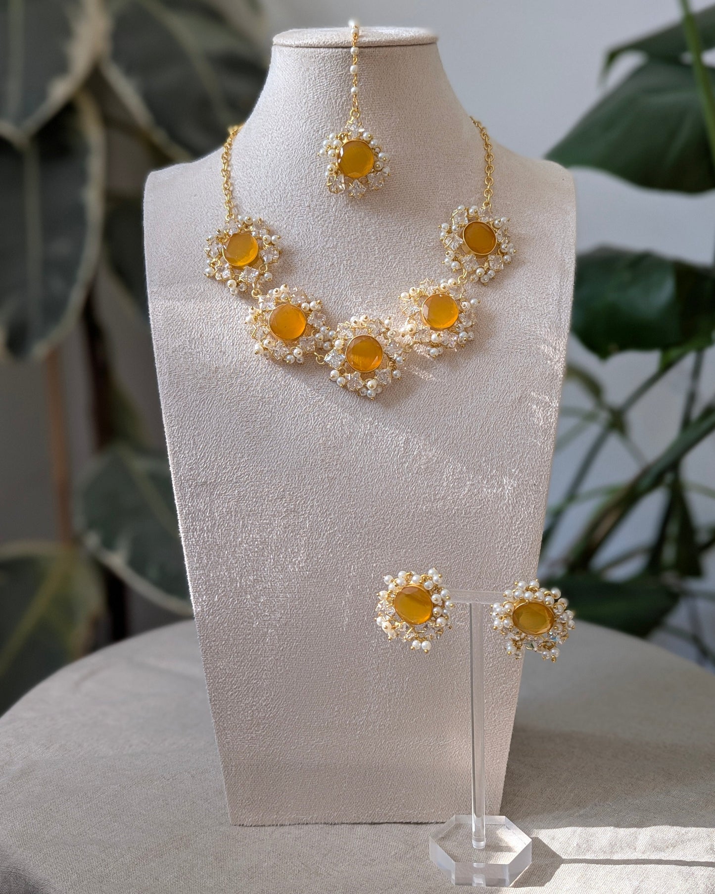 Orange Citrine Semi-Precious Stones Encircled by Swarovski & Pearls - Item Code: 2A