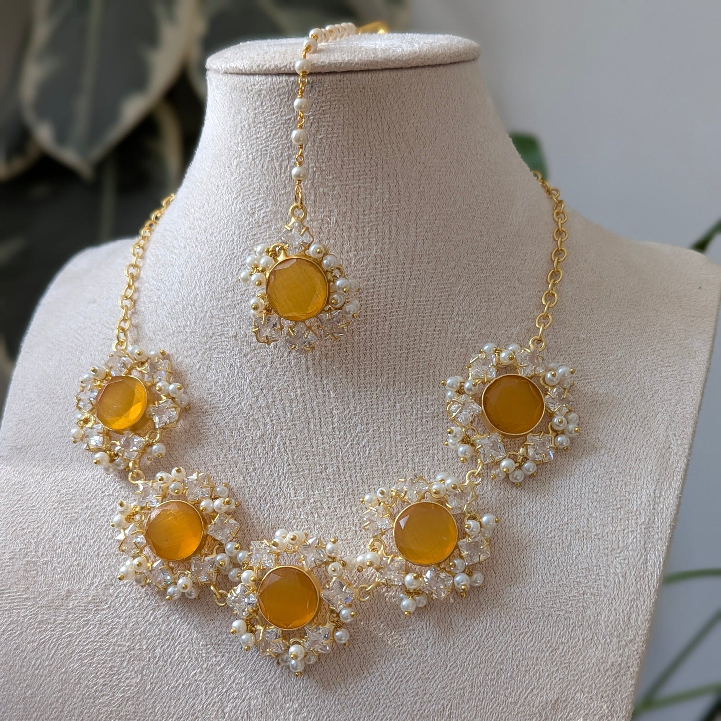Orange Citrine Semi-Precious Stones Encircled by Swarovski & Pearls - Item Code: 2A