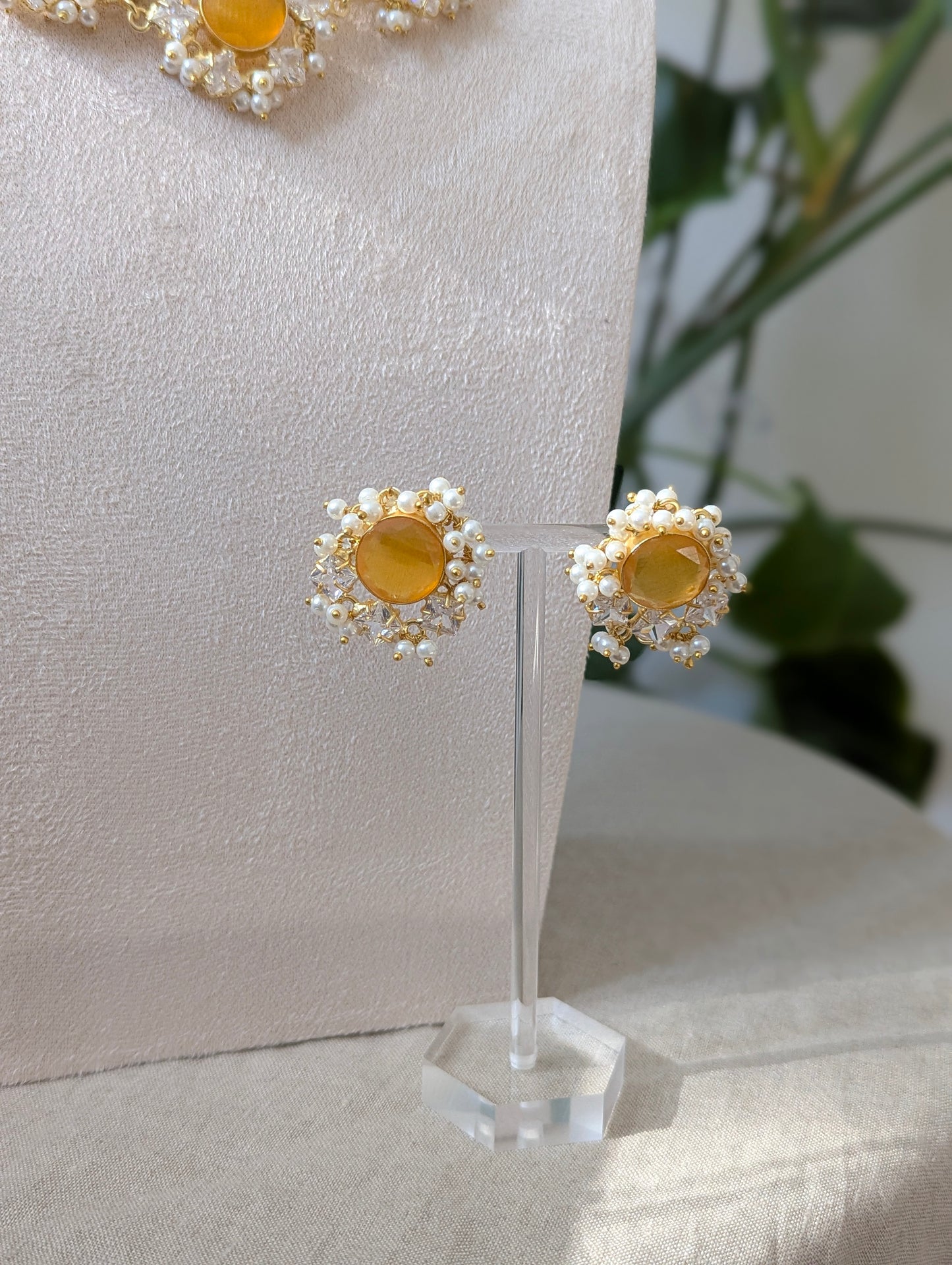 Orange Citrine Semi-Precious Stones Encircled by Swarovski & Pearls - Item Code: 2A