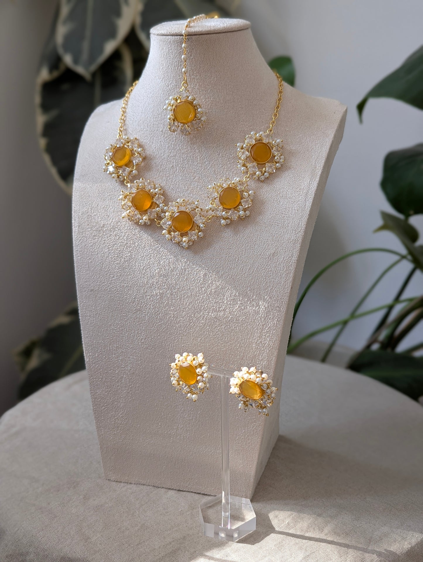 Orange Citrine Semi-Precious Stones Encircled by Swarovski & Pearls - Item Code: 2A
