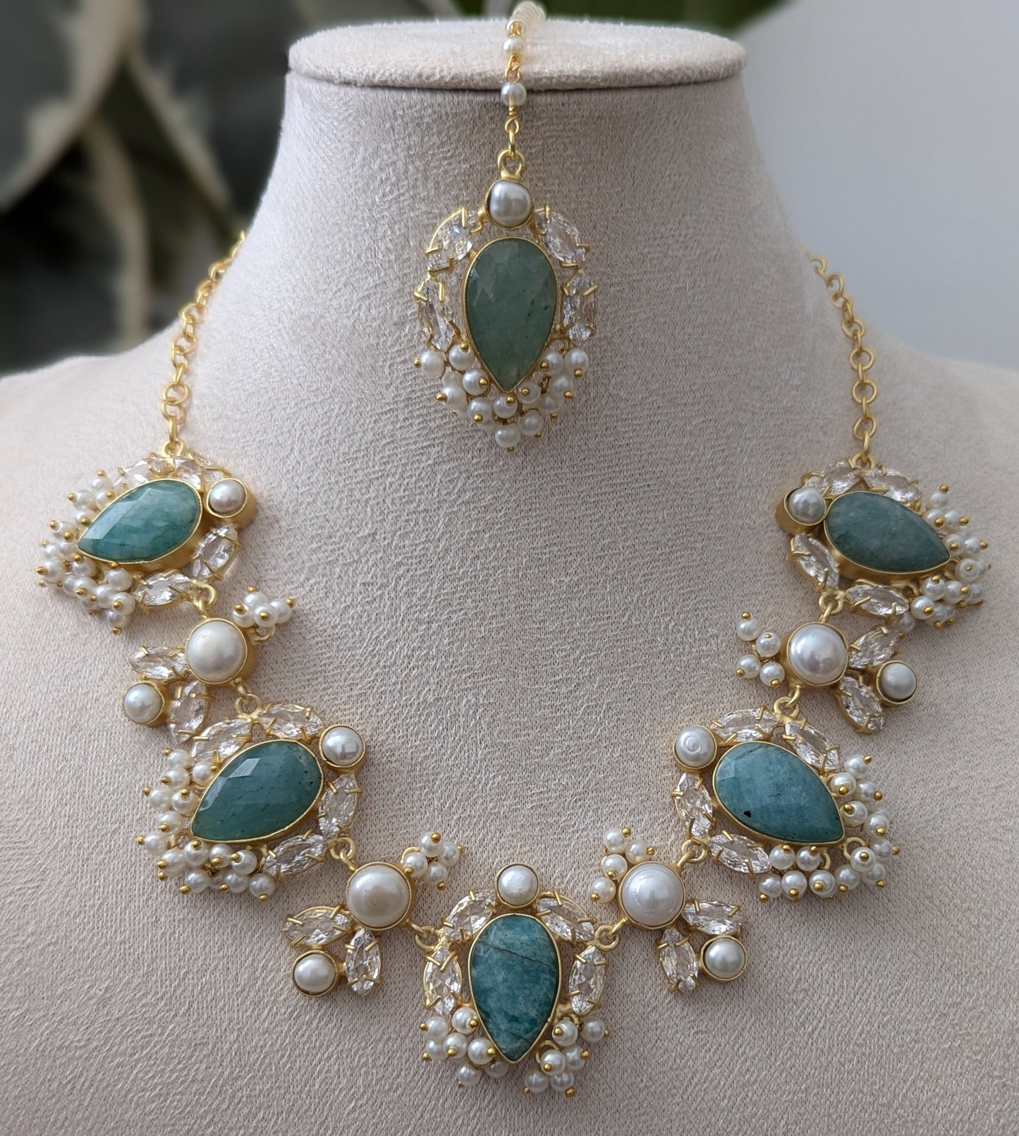 Teardrop Amazonite Stones with Shimmering Swarovski and Pearls Jewellery Set - Item K