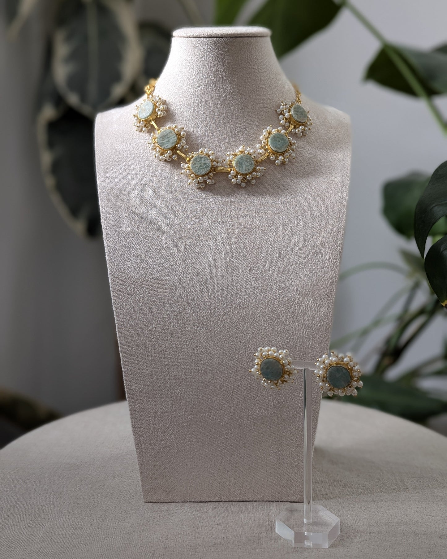Natural Amazonite Stones Encircled with Mini Pearl Clusters - Item M4