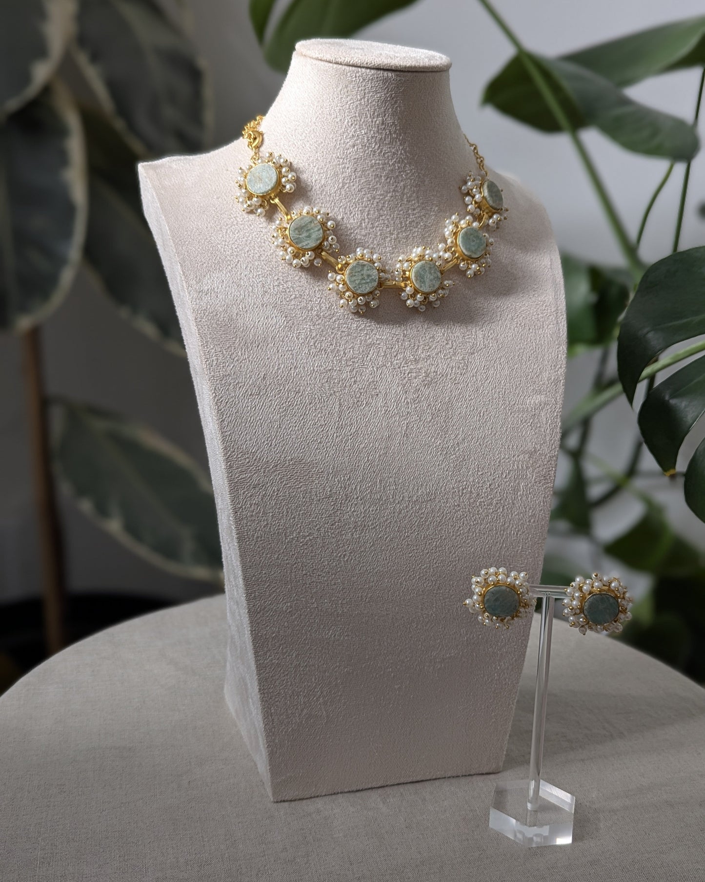 Natural Amazonite Stones Encircled with Mini Pearl Clusters - Item M4