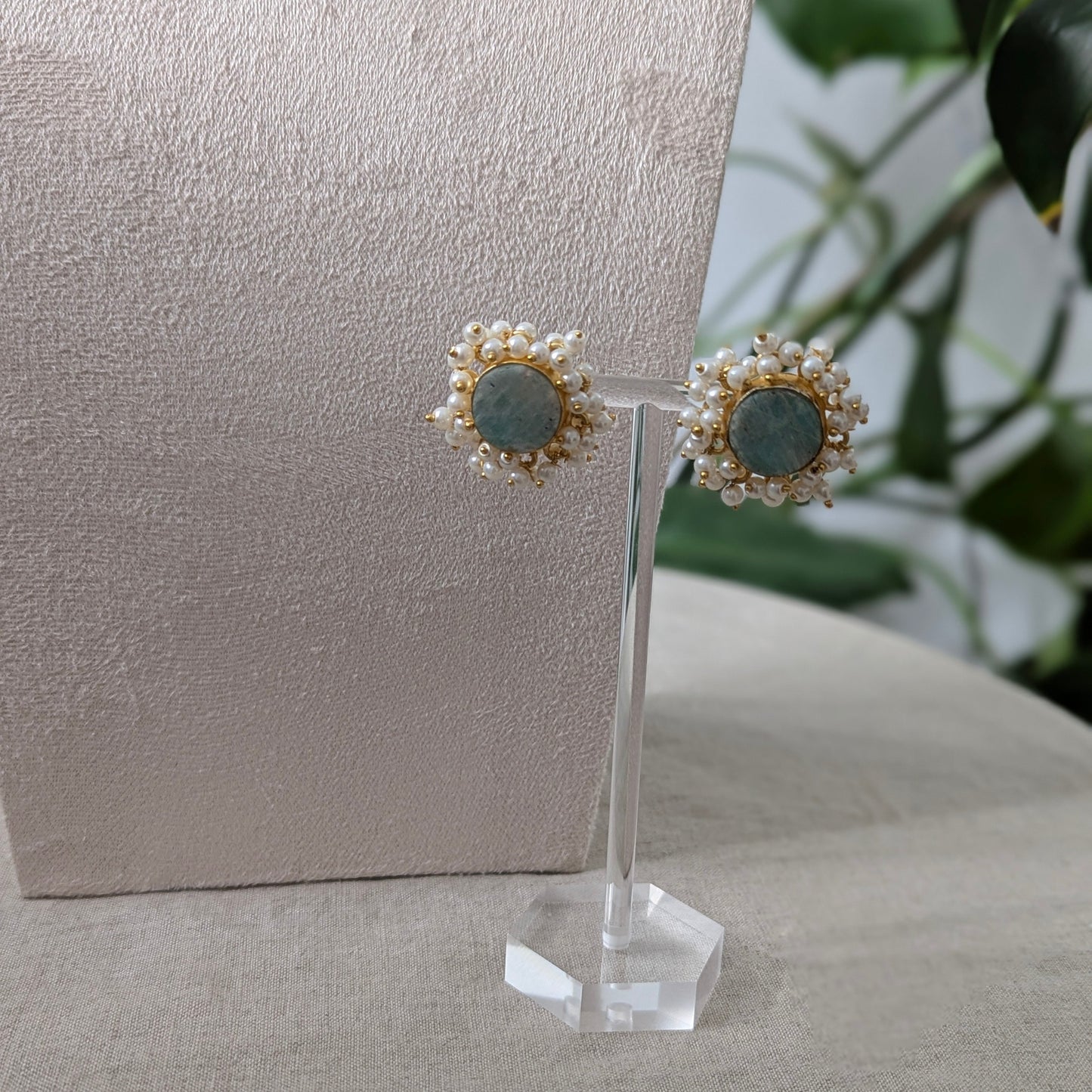 Natural Amazonite Stones Encircled with Mini Pearl Clusters - Item M4