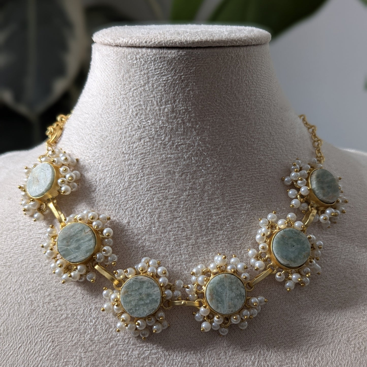 Natural Amazonite Stones Encircled with Mini Pearl Clusters - Item M4