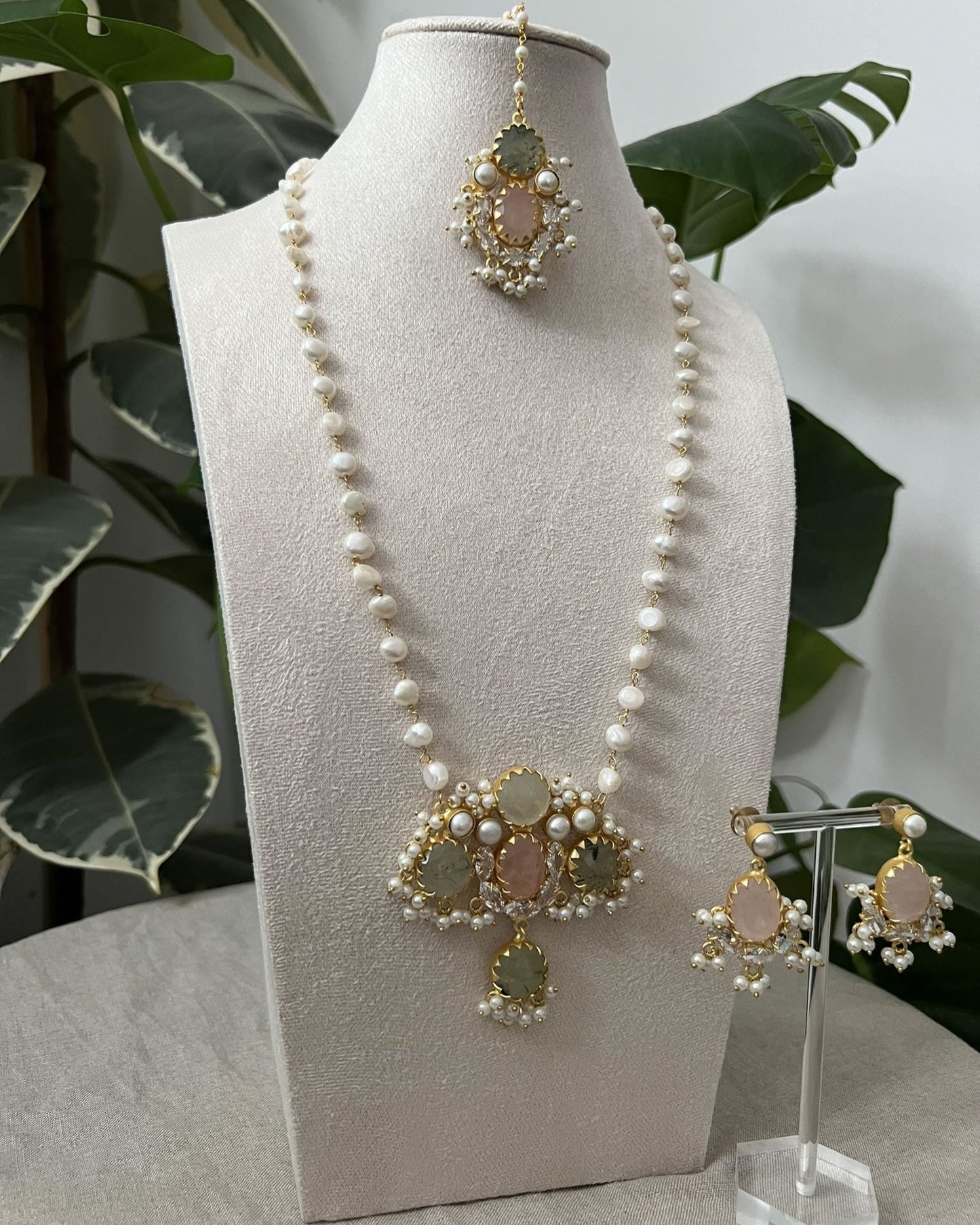 Green Prehnite Stone & Rose Quartz Mala Set & Lace of Freshwater Pearls - Item R