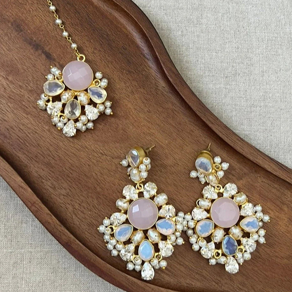 Rose Quartz & Opal Statement Earrings with Swarovski & Pearls Tikka Set - Item 28