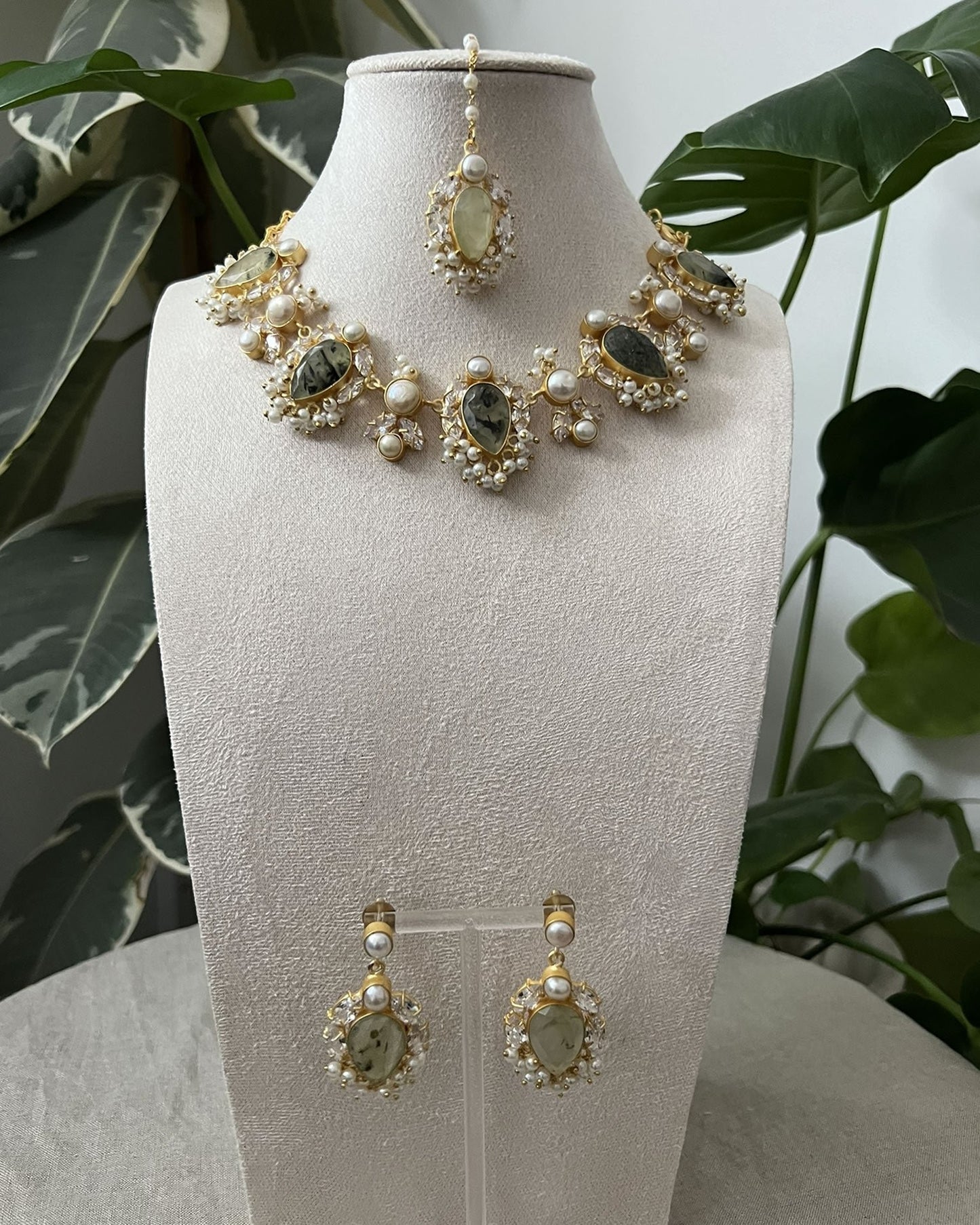 Natural Prehnite Stone, with Swarovski and Lustrous Pearls - Item V