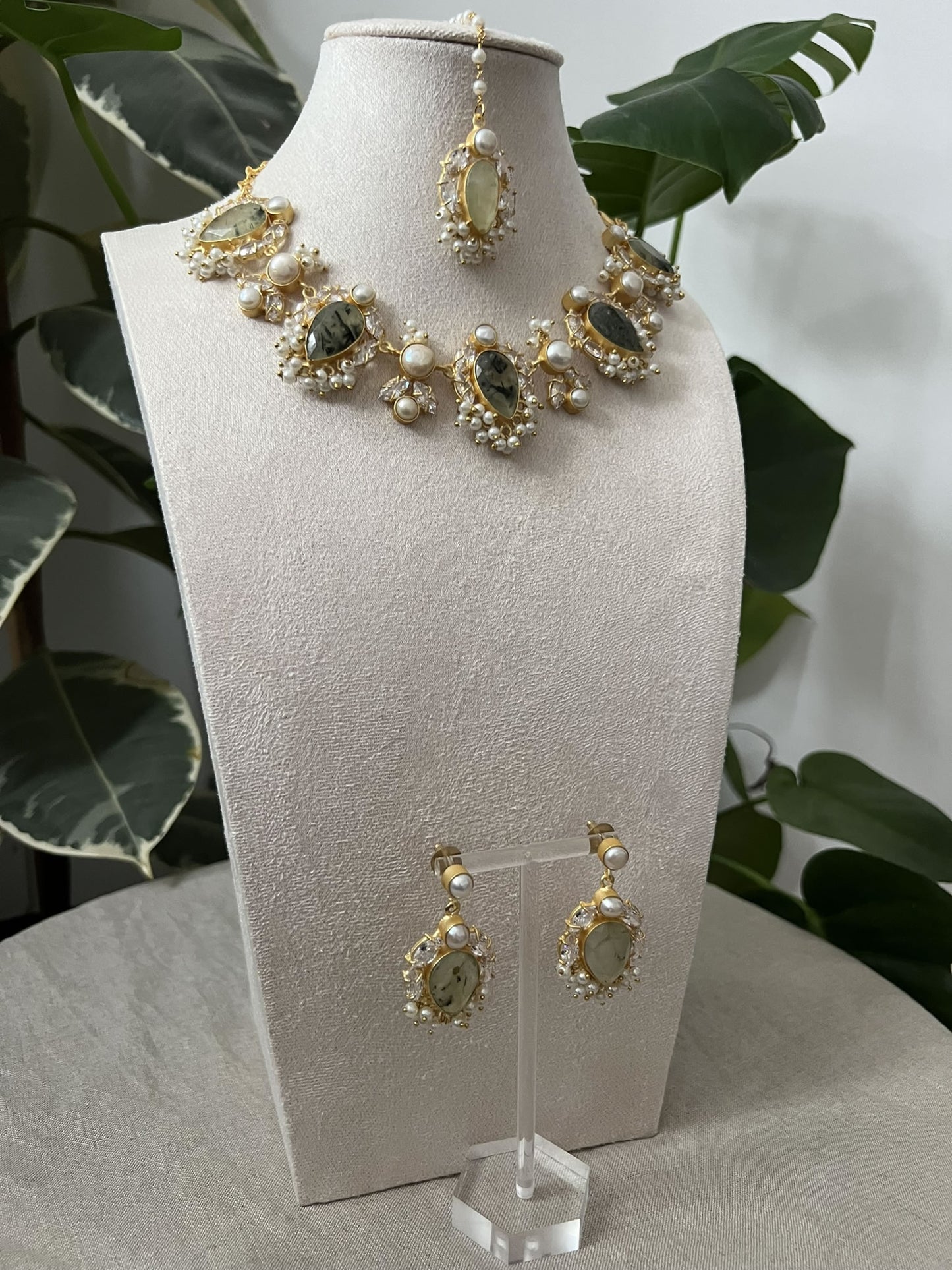 Natural Prehnite Stone, with Swarovski and Lustrous Pearls - Item V