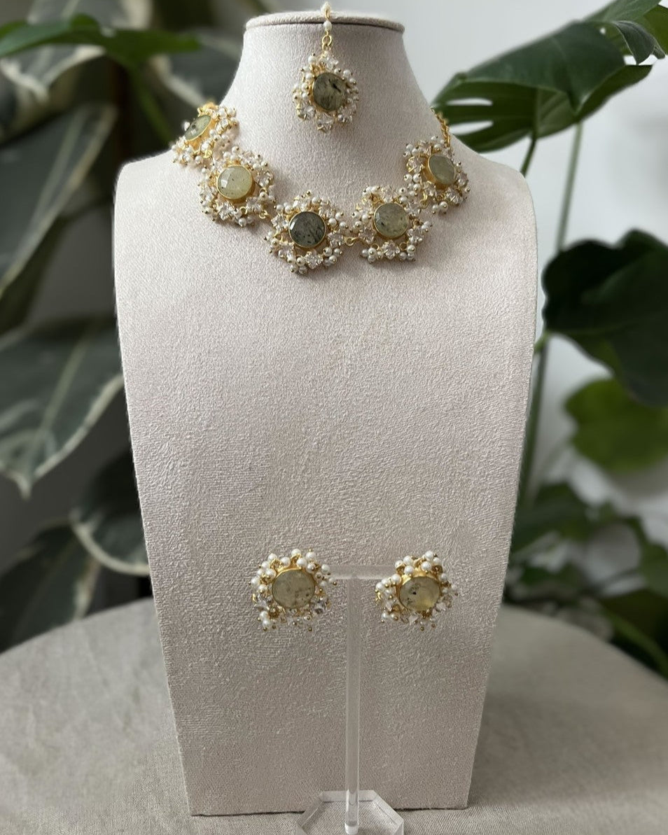 Olive Green Prehnite Stone with Delicate Halo of Pearls and Swarovski - Item X