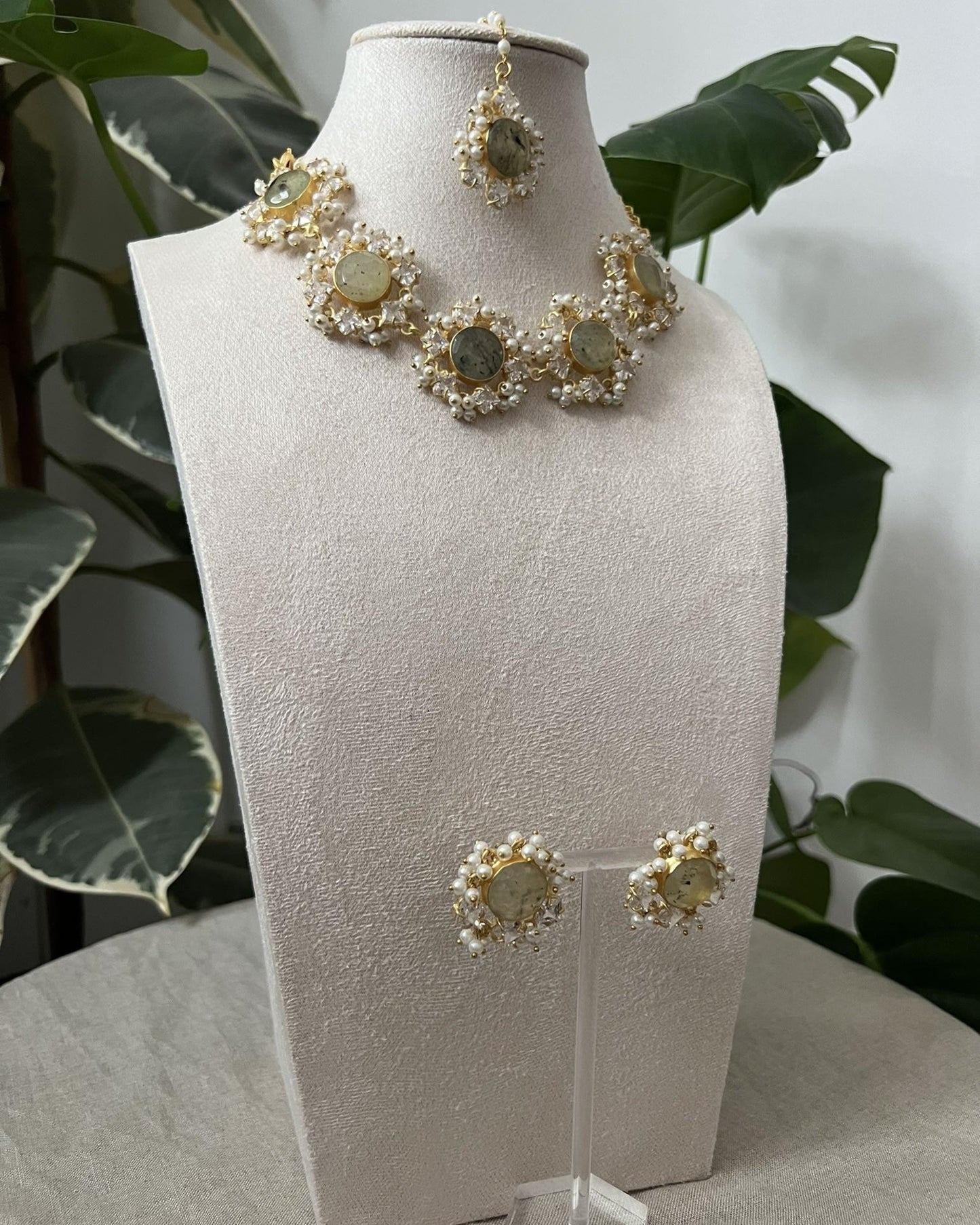 Olive Green Prehnite Stone with Delicate Halo of Pearls and Swarovski - Item X