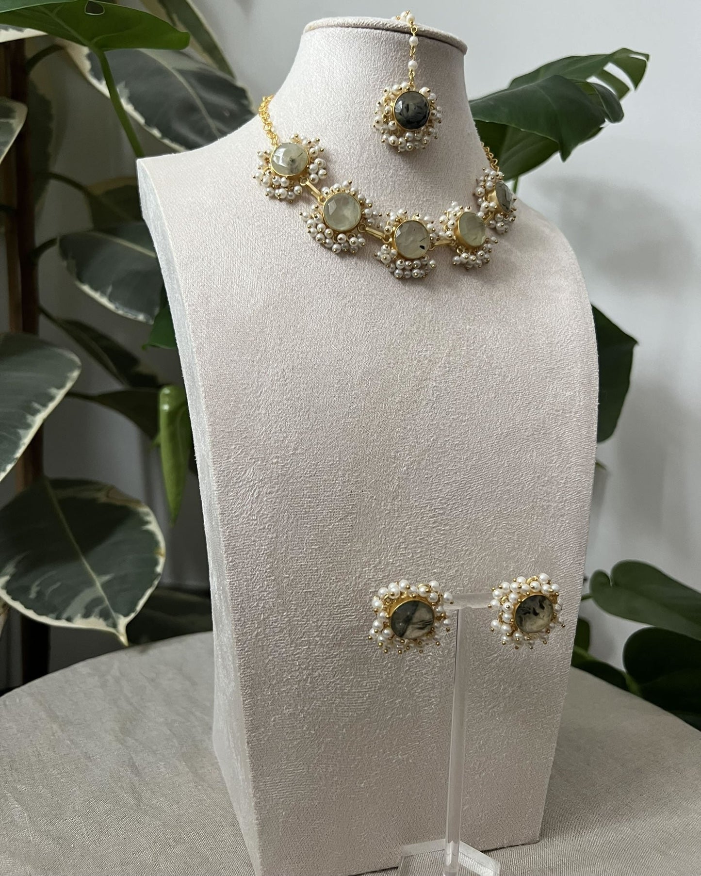 Natural Prehnite Stone surrounded by Clusters of Mini Freshwater Pearls - Item Y