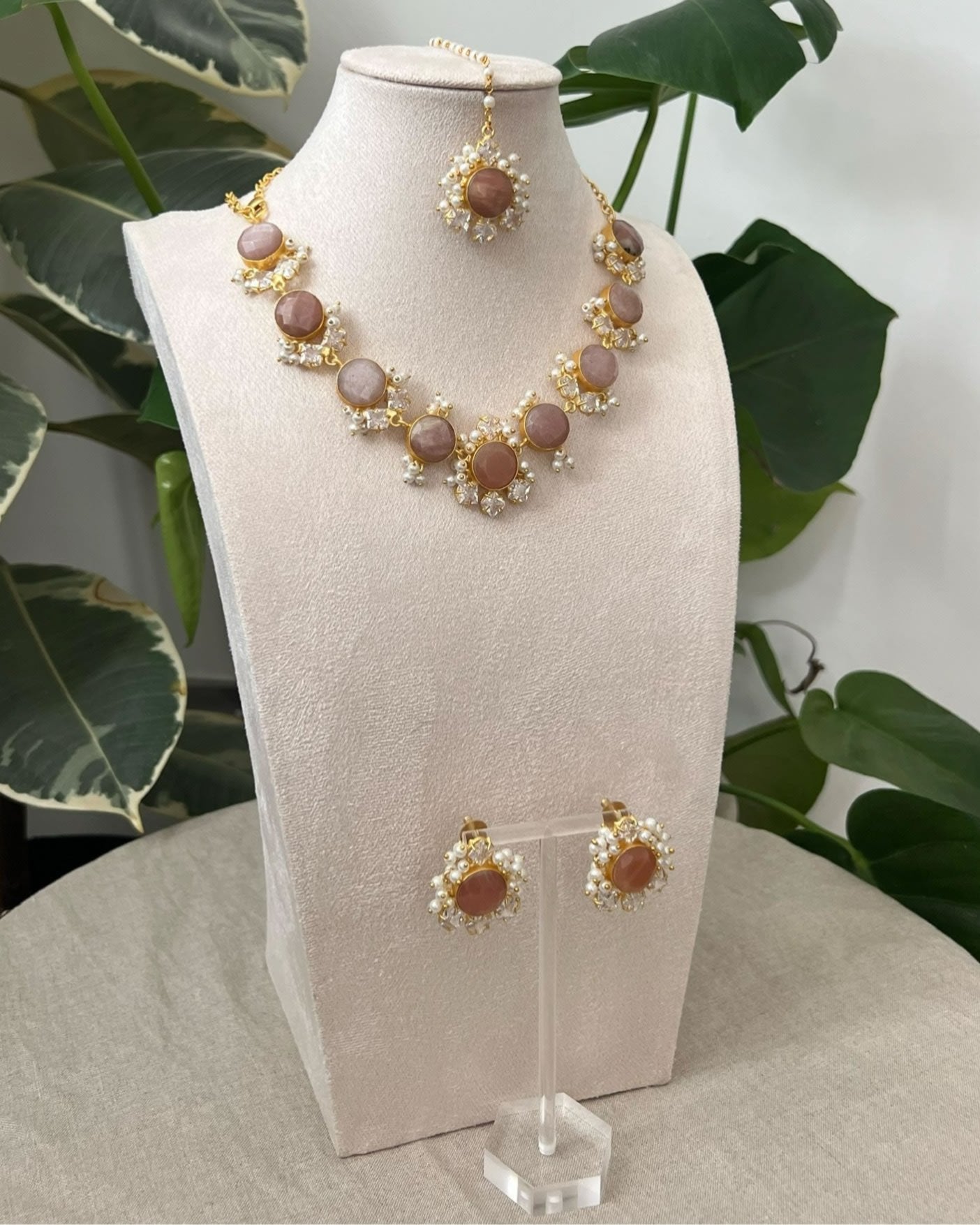 Precious Peach Moonstone with Swarovski and Mini Pearls - Item C