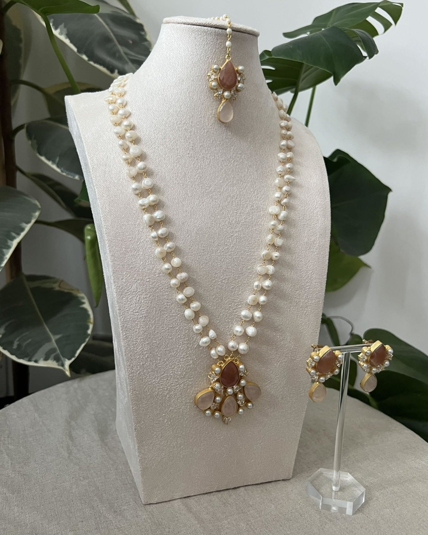 Semi-Precious Moonstones, Rose Quartz and Real Freshwater Pearls- Item D