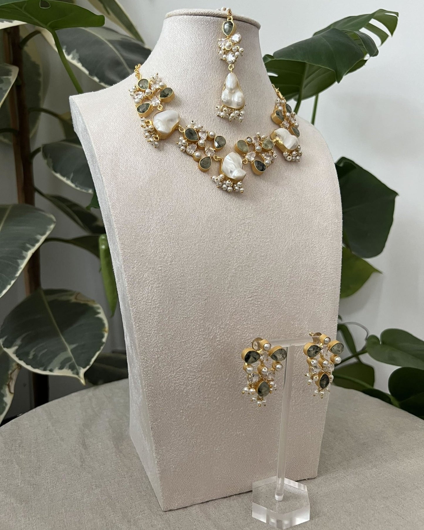 Natural Prehnite Stones, Sparkling Swarovski, and Lustrous Pearls - Item H