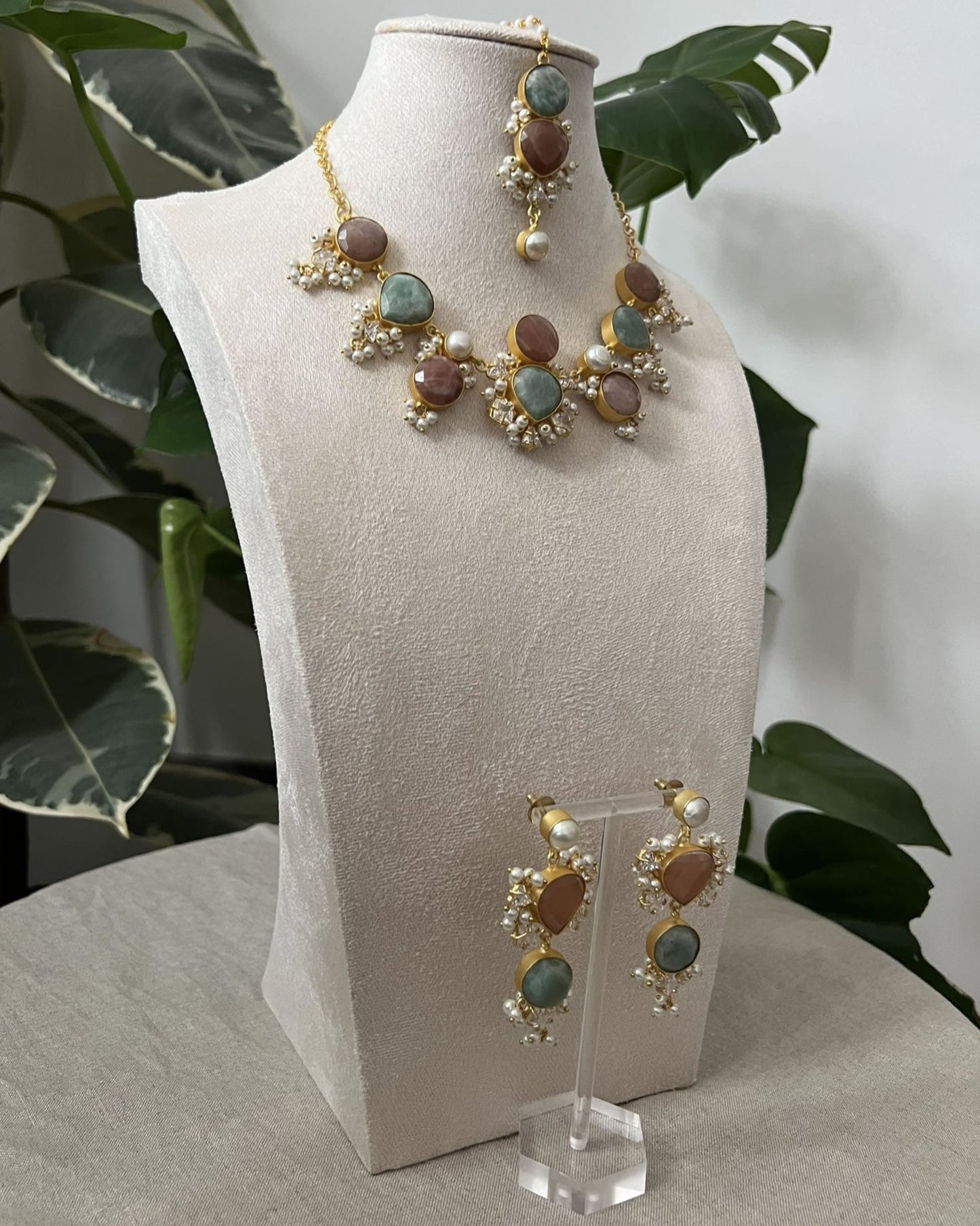 Amazonite and Dark Peach Morganite Stones with Swarovski and Pearls - Item J