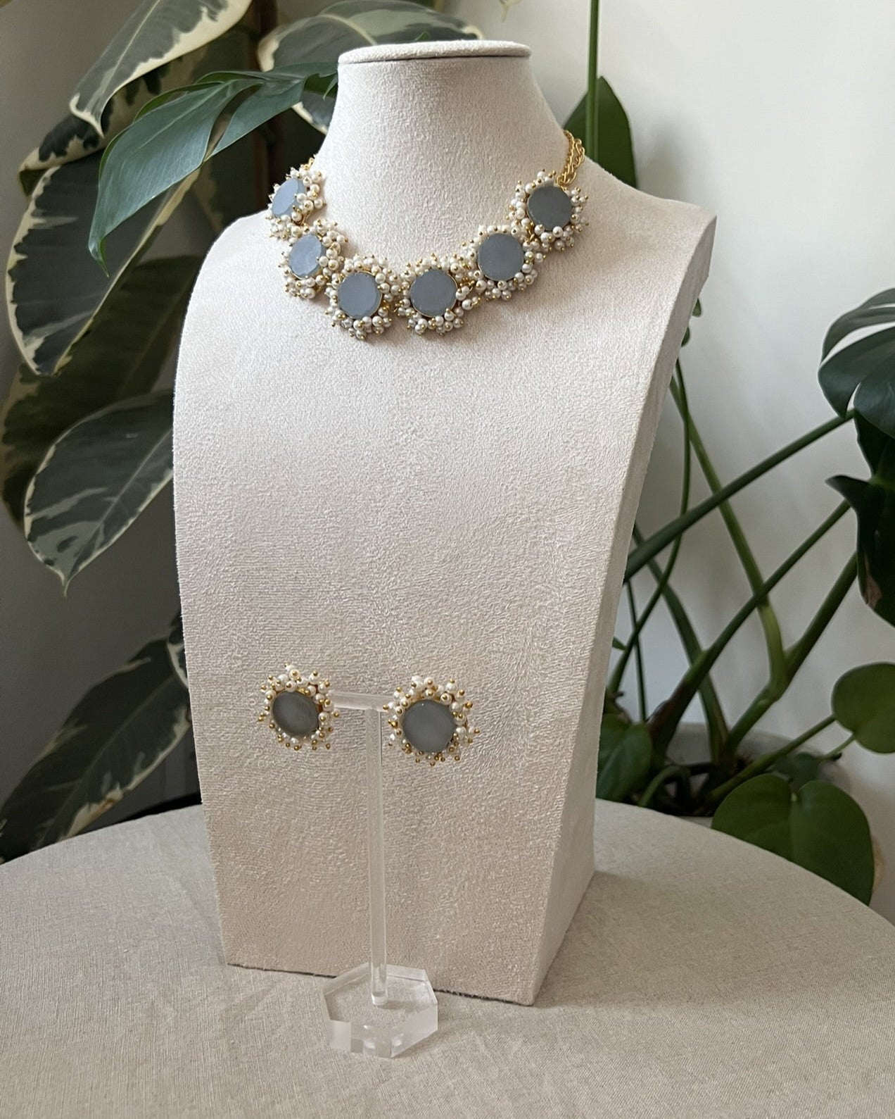 Natural Grey Stones Encircled with Mini Freshwater Pearl Clusters - Item M2