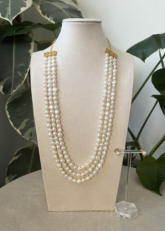 Stunning Three Strand Real Freshwater Pearls Long Mala Necklace & Earrings - Item 10