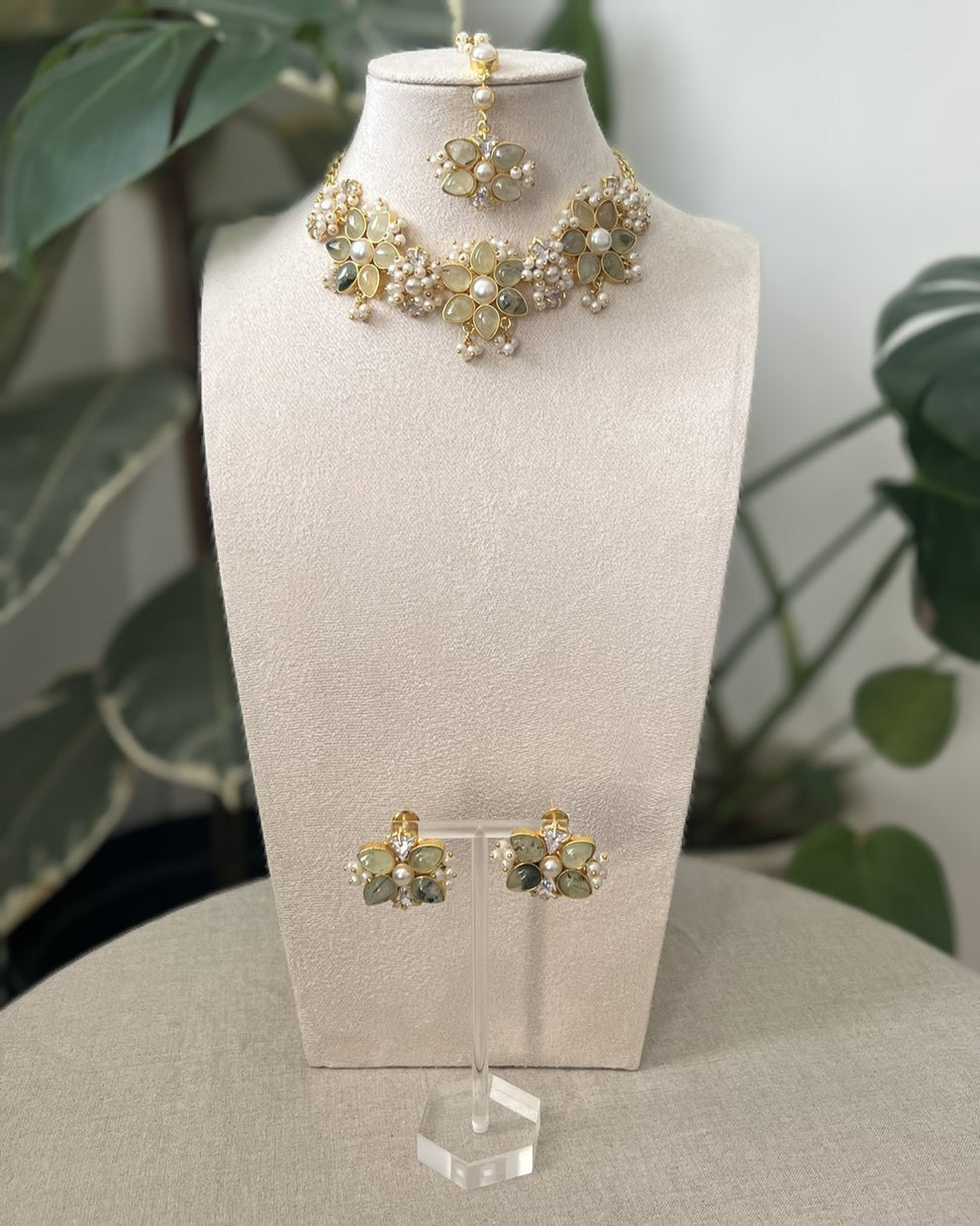 Floral Prehnite Stones with Freshwater Pearls and Swarovski Accents - Item 15