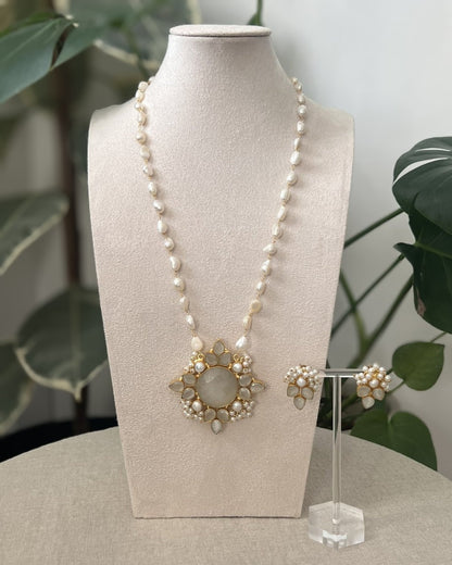 Floral Moonstone with Freshwater Pearls Mala Necklace Set - Item 16
