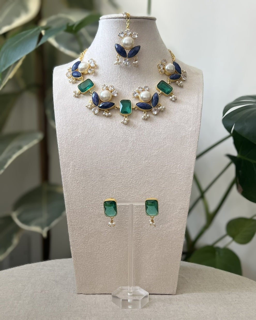 Emerald Green and Sapphire Blue Stones with Freshwater Pearls & Swarovski - Item 22