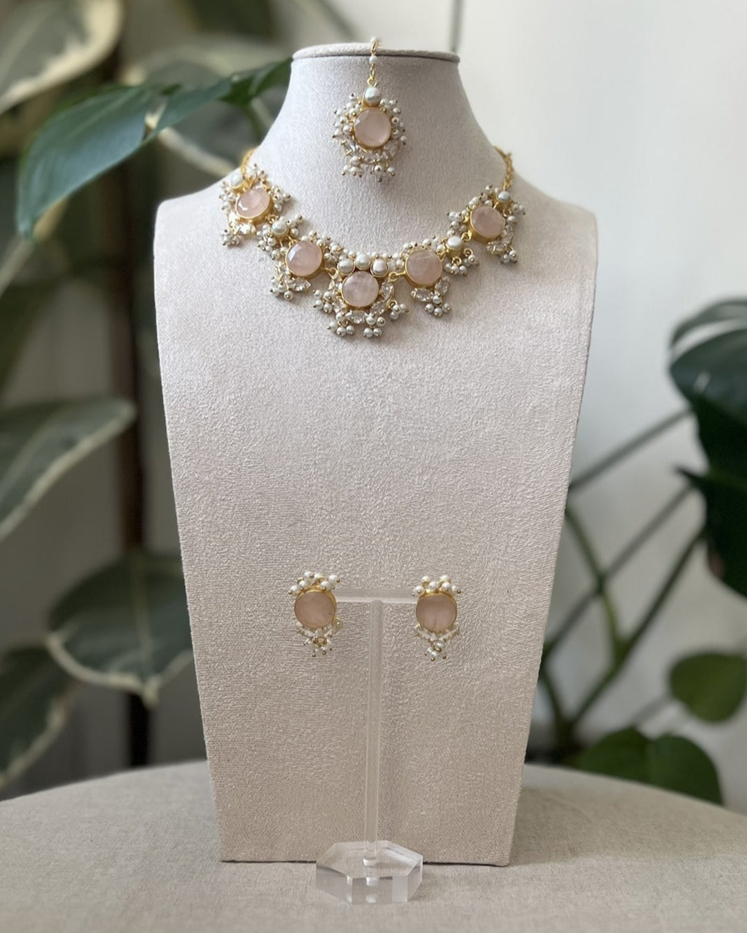 Blush Pink Rose Quartz Stones with Freshwater Pearls & Swarovski - Item 23