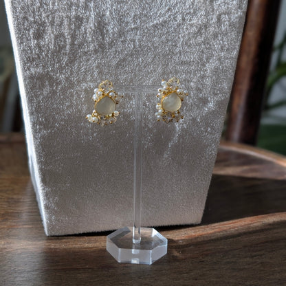 Gold earrings on a clear stand against a textured gray background