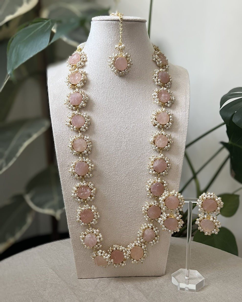 Blush Pink Sugar Druzy Stone Surrounded by Mini Pearl Clusters Statement Mala Necklace Set - Item 35