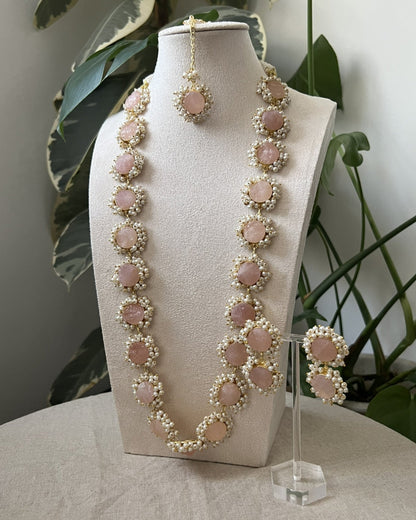Blush Pink Sugar Druzy Stone Surrounded by Mini Pearl Clusters Statement Mala Necklace Set - Item 35