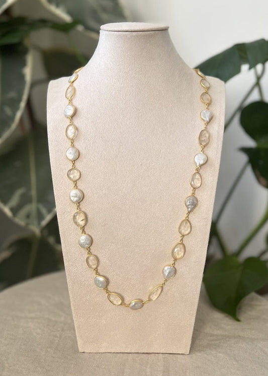 Citrine Stone and Mother of Pearl Long Chain Necklace - Item 3