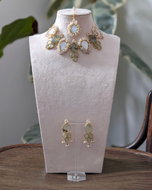 An Exquisite Ethnic Jewellery Set with Natural Green Prehnite Stones, Lustrous Pearls & Sparkling Swarovski