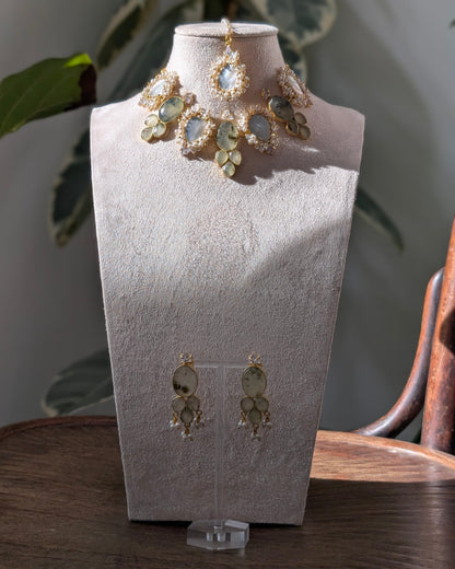 An Exquisite Ethnic Jewellery Set with Natural Green Prehnite Stones, Lustrous Pearls & Sparkling Swarovski