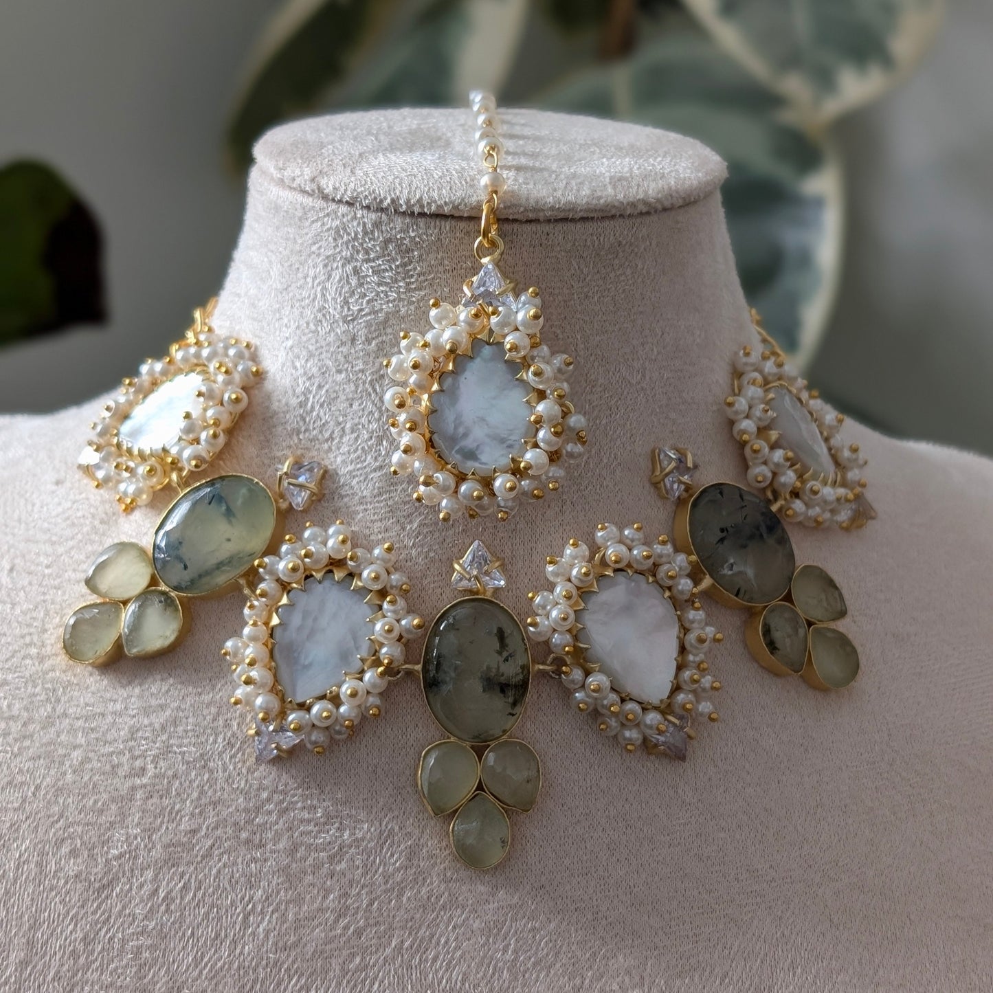 An Exquisite Ethnic Jewellery Set with Natural Green Prehnite Stones, Lustrous Pearls & Sparkling Swarovski