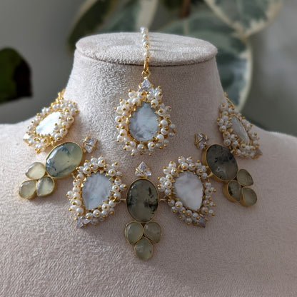 An Exquisite Ethnic Jewellery Set with Natural Green Prehnite Stones, Lustrous Pearls & Sparkling Swarovski