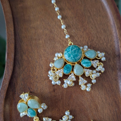 Floral Blue Amazonite Statement Earrings & Tikka Set with Swarovski & Pearls - Item 44