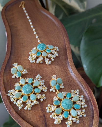 Floral Blue Amazonite Statement Earrings & Tikka Set with Swarovski & Pearls - Item 44