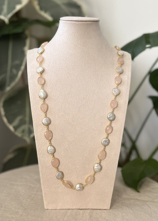 Rose Quartz and Mother of Pearl Long Chain Necklace - Item 4