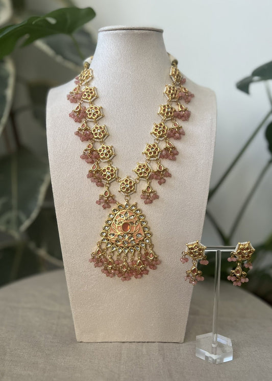 Gorgeous Meenakari Mala Necklace & Earrings with undertones of Salmon, Peach & Pink - Item 8