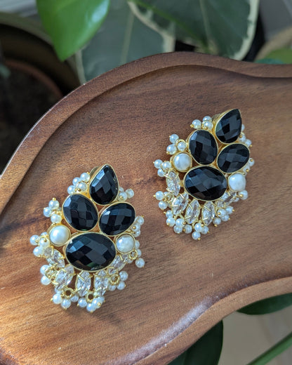 Black Jade, Pearls & Swarovski Floral Statement Earrings - Item 75