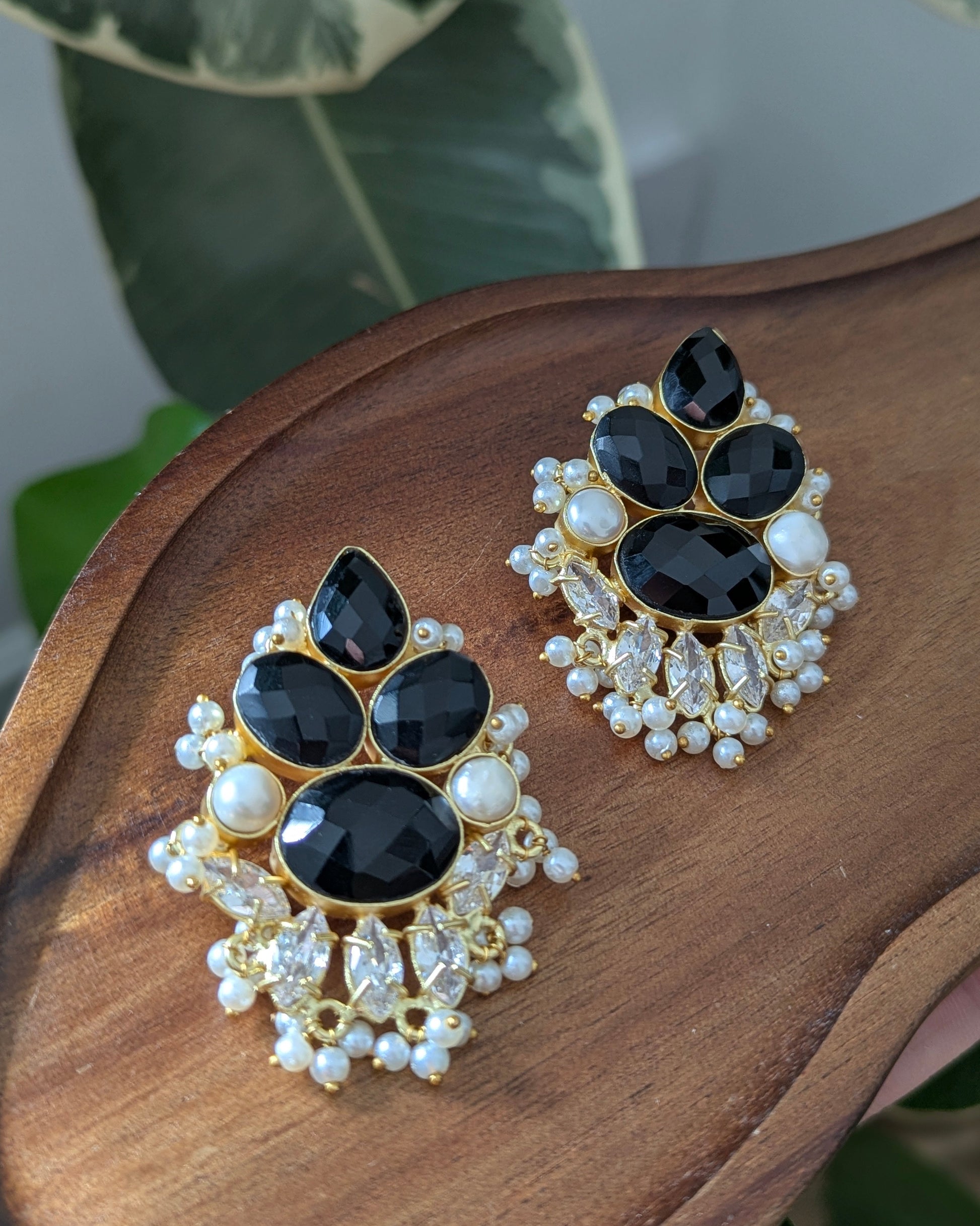 Black Jade, Pearls & Swarovski Floral Statement Earrings - Item 75