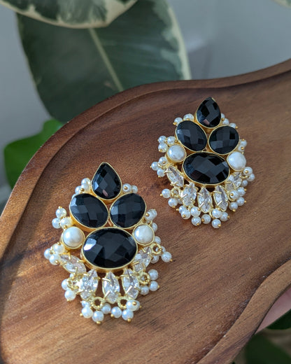 Black Jade, Pearls & Swarovski Floral Statement Earrings - Item 75