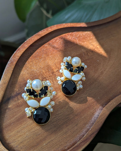 Black Jade Stone & Mother of Pearl Petal Earrings - Item 79