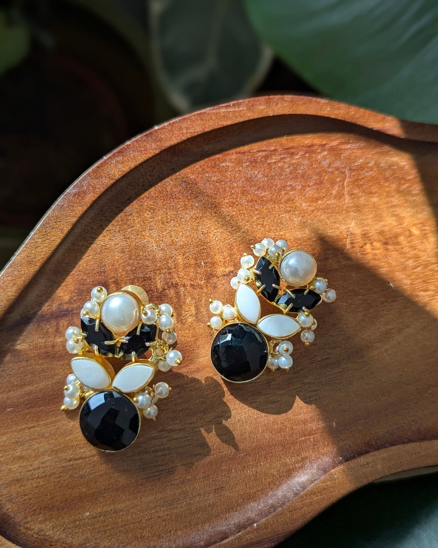 Black Jade Stone & Mother of Pearl Petal Earrings - Item 79
