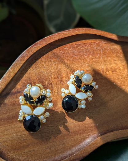 Black Jade Stone & Mother of Pearl Petal Earrings - Item 79