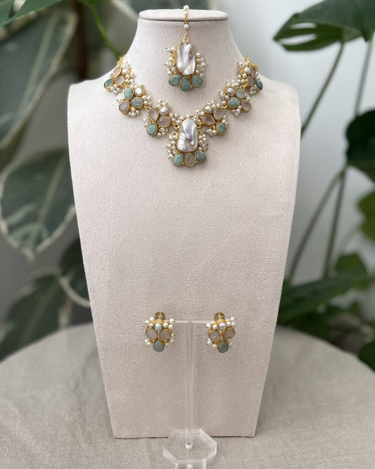Natural Amazonite & Pink Quartz Stones, Lustrous Freshwater & Baroque Pearls - Item A2