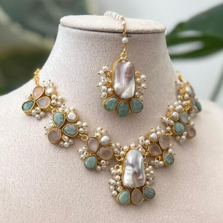 Natural Amazonite Stones and Lustrous Freshwater Pearls - Item A