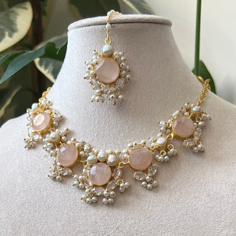 Blush Pink Rose Quartz Stones with Freshwater Pearls & Swarovski - Item 23