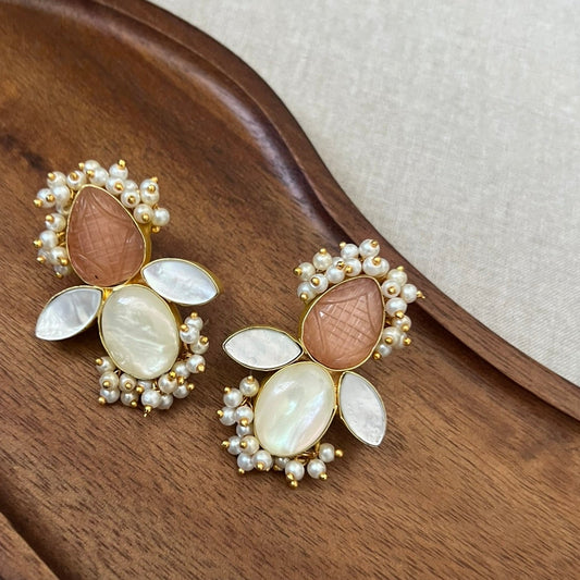Blush Carved Quartz & Mother of Pearl Earrings - Item 26