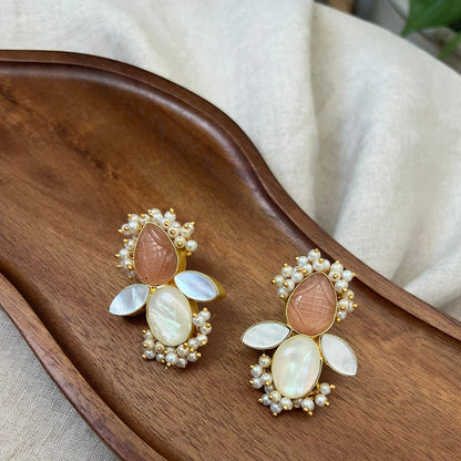 Blush Carved Quartz & Mother of Pearl Earrings - Item 26