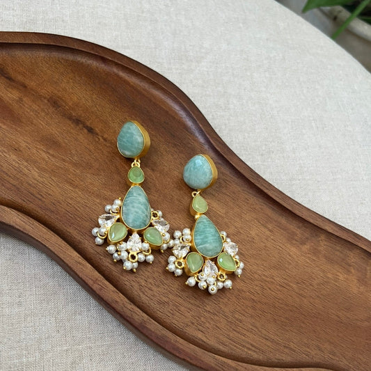 Aqua & Green Amazonite Stone Pearl Drop Earrings - Item 27